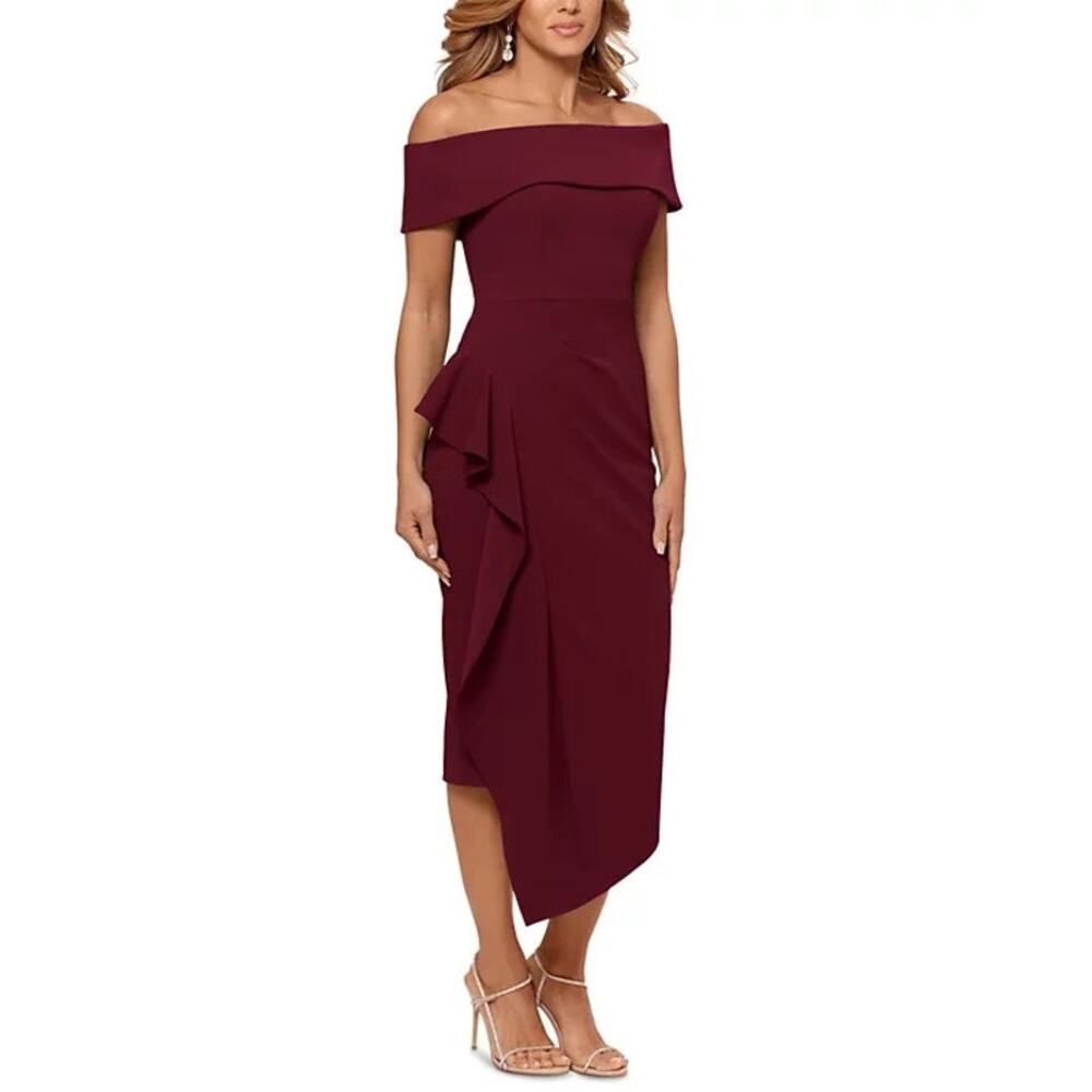 Betsy & Adam Off-The-Shoulder
Ruffle Dress, Burgundy, SIZE-4 🔅